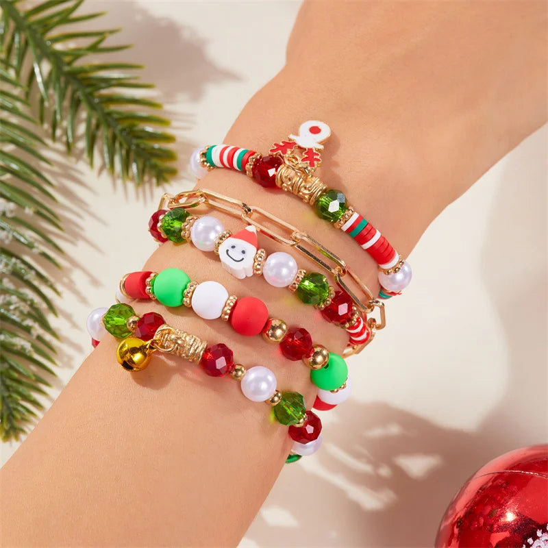 5Pcs Multilayer Beaded Bracelet Set For Women Multicolor Rice Beads Christmas Tree Santa Claus Snowman Bangle New Year Jewelry