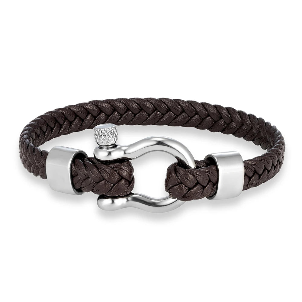 MKENDN Luxury Nautical Shackle Woven Leather Bracelet With Horseshoes Buckle Gift for Him Minimalistic Jewelry