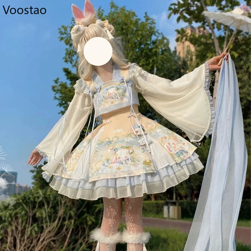 Sweet Lolita Princess Dress Set Women Kawaii Cute Cartoon Rabbit Print Party Mini Dresses Girl Harajuku Y2k Long Sleeve Vestidos