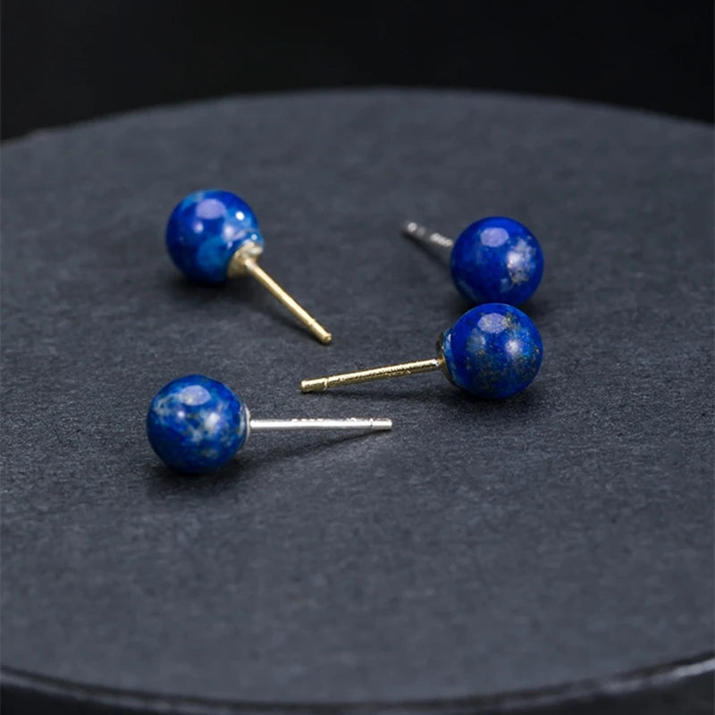 MKENDN New 100% 925 Sterling Silver Earrings Men Women Vintage Natural Stone Stud Earrings With Lapis Lazuli Personality Jewelry - Madeinsea©
