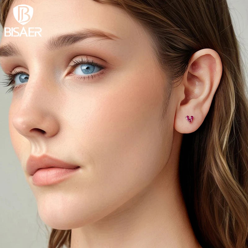 BISAER Real 925 Sterling Silver Zircon Heart Stud Earrings Classic Hypoallergenic Earrings for Women & Girls Party Fine Jewelry