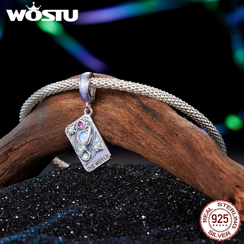 WOSTU 925 Sterling Silver The World Tarot Card Charm Pendant For Women , Original Rainbow Beads DIY Jewelry making
