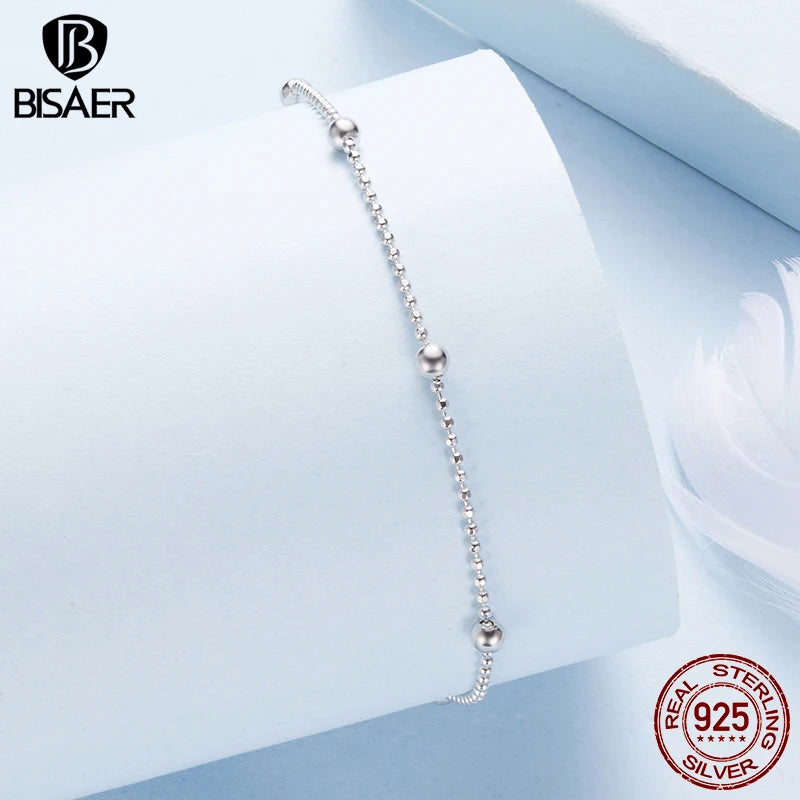 BISAER 925 Sterling Silver Minimalist Beads Anklets Waterproof Chain Plated White Gold For Women Party Fine Jewelry Holiday Gift