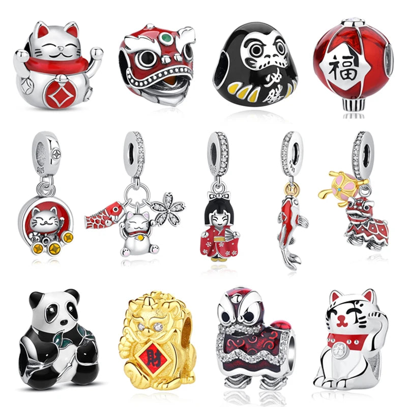 925 Sterling Silver Charms Beads Original Japanese Doll Fortune Cat Charm Fit Brand Bracelets Bangles DIY Jewelry For Women