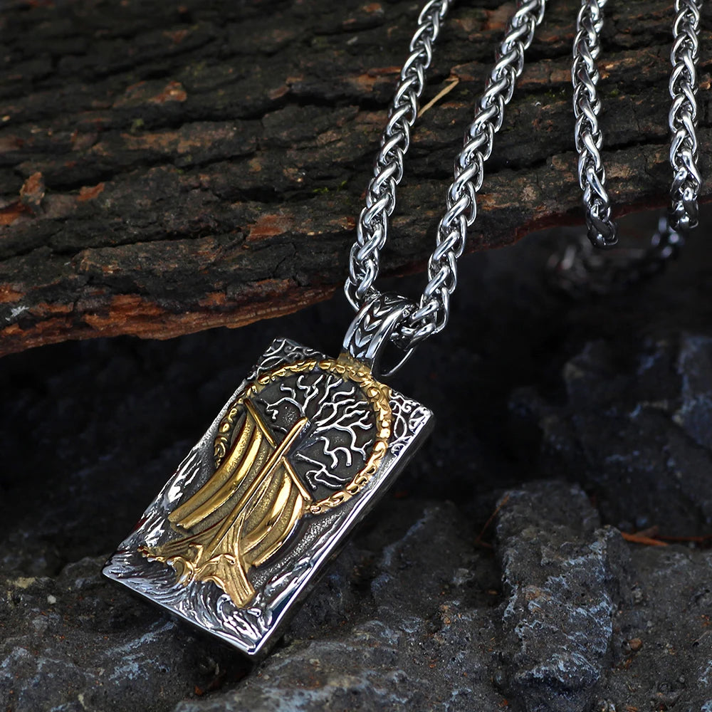 MKENDN Nordic Viking Pirate Ship Pendant Necklace for Men Vintage Stainless Steel Chain Necklace Male Jewelry Amulet Talisman