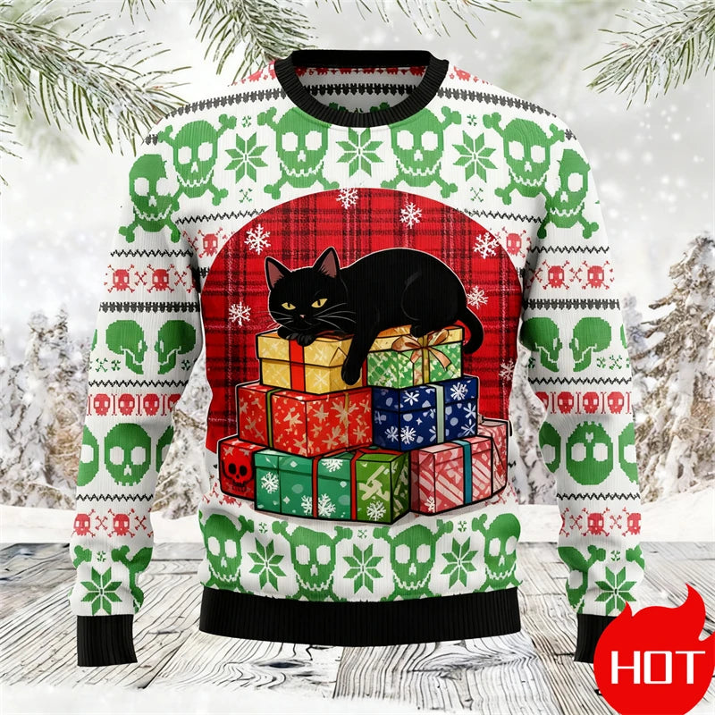 Black Cat Graphic Ugly Christmas Sweater Men Women Holiday Sweatshirt Pullover Xmas Santa 2026 Hot Sale Top Crewneck Long Sleeve