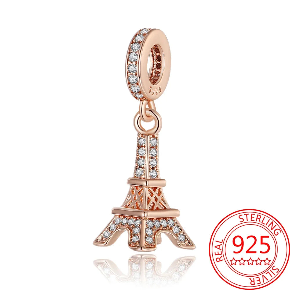 Creative 925 Sterling Silver Eiffel Tower Gold Heart Double Charm Fit DlY Bracelet Necklaces Women's Dating Jewelry Accessories