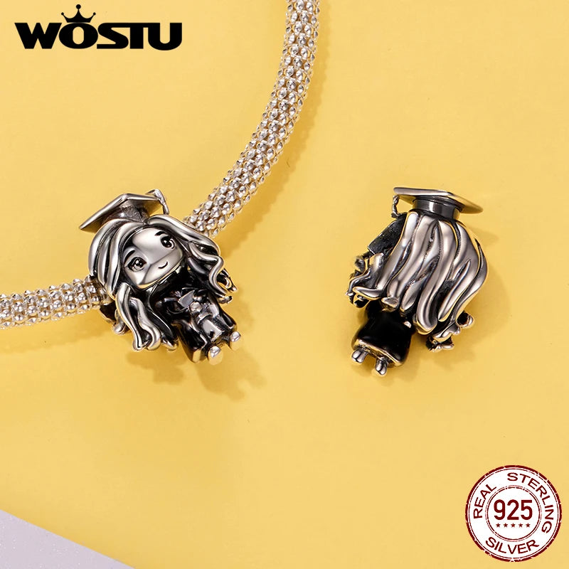 WOSTU 925 Sterling Silver Graduation Charm Unicorn Wise Owl Pendant Bachelor's cap Beads Original for Girl Boy Fine Jewelry DIY