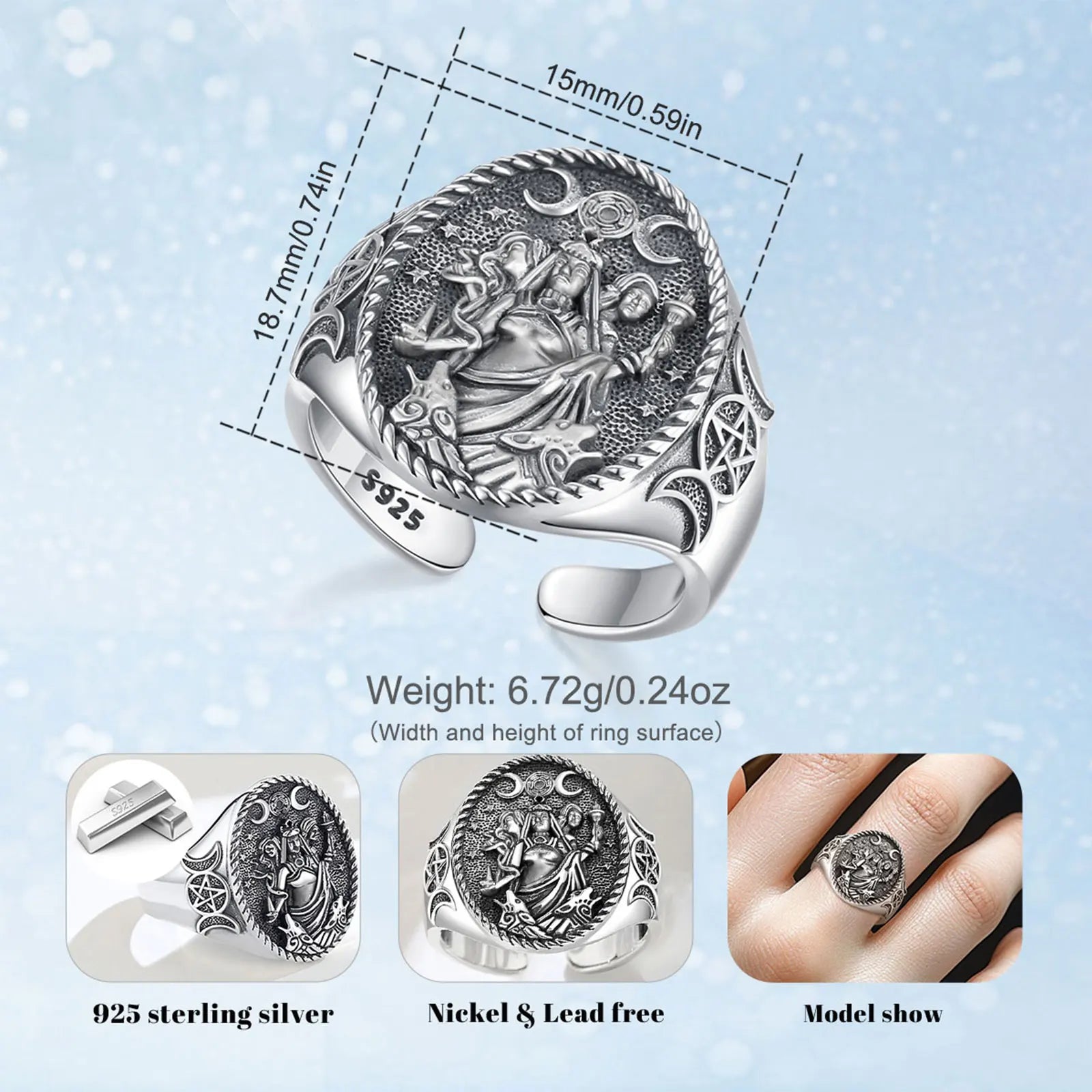 Eudora 925 Sterling Silver Triple Moon Goddess Adjustable Ring Dog Hecate Amulet Ring Triple Goddess Jewelry for Women Man Gift