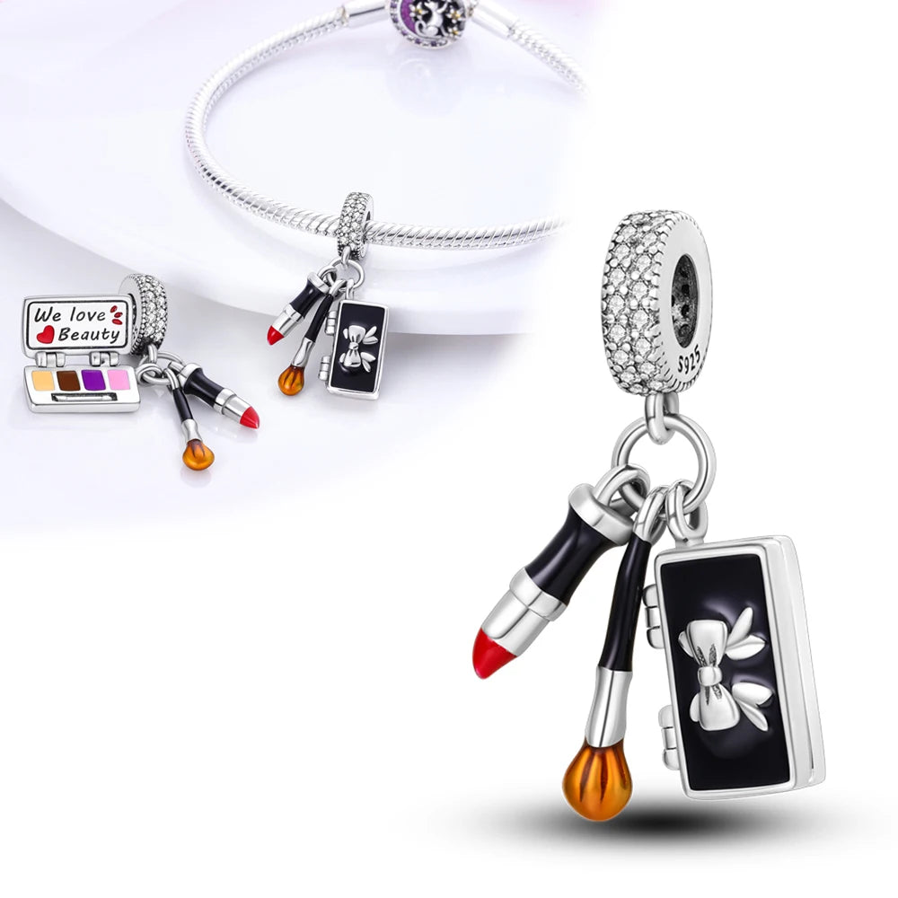 925 Silver Girl Lady Lipstick Makeup Charm Dangle Pendant Beads Fit Original Bangle Cosmetic Charms Bracelet DIY Making Jewelry