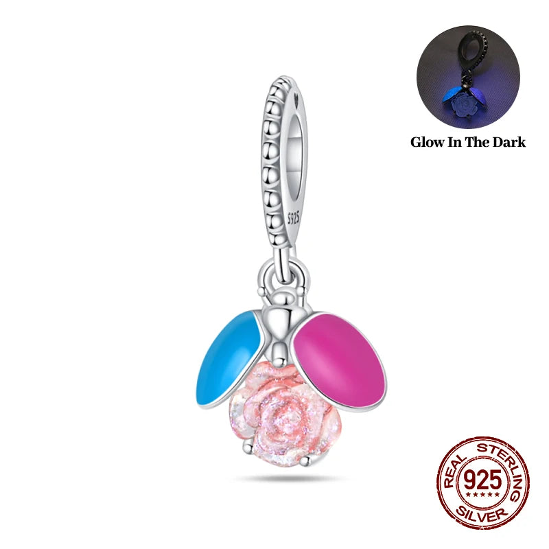 100% 925 Sterling Silver Dragonfly Butterfly Luminous Insect Charms Beads Fit 3mm 925 Original Bracelets DIY Party Jewelry