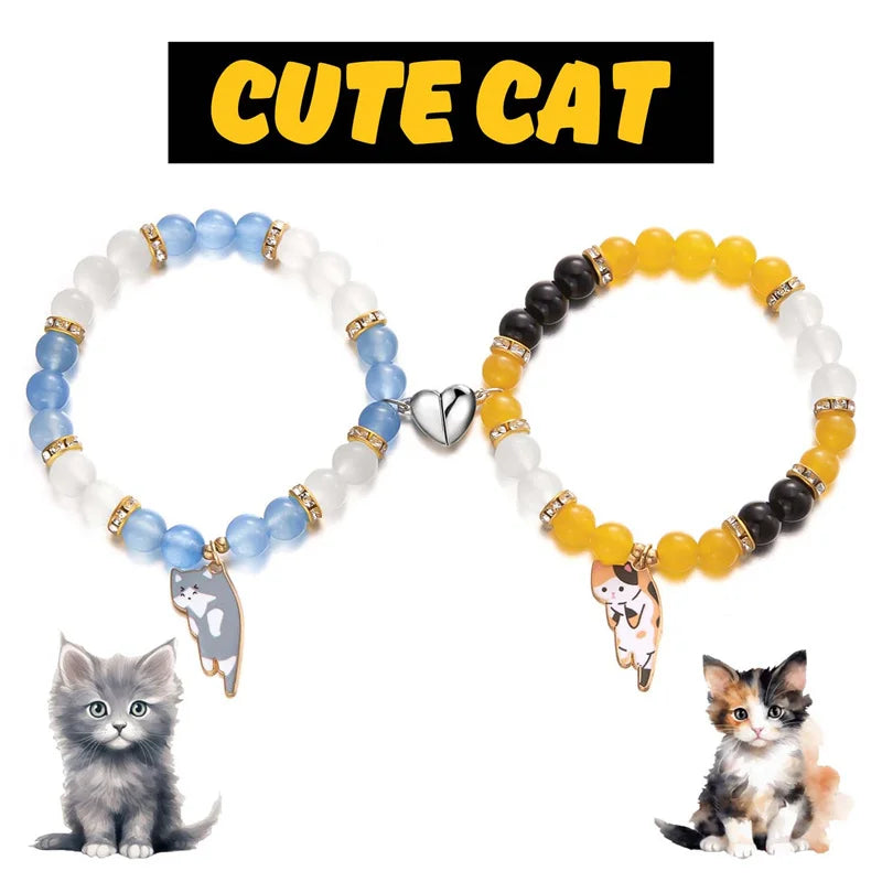2pcs Magnetic Couple Bracelets Love Heart Shaped Matching Attraction Cat Kitten Pendant Bracelet Women Men Lover Wedding Jewelry