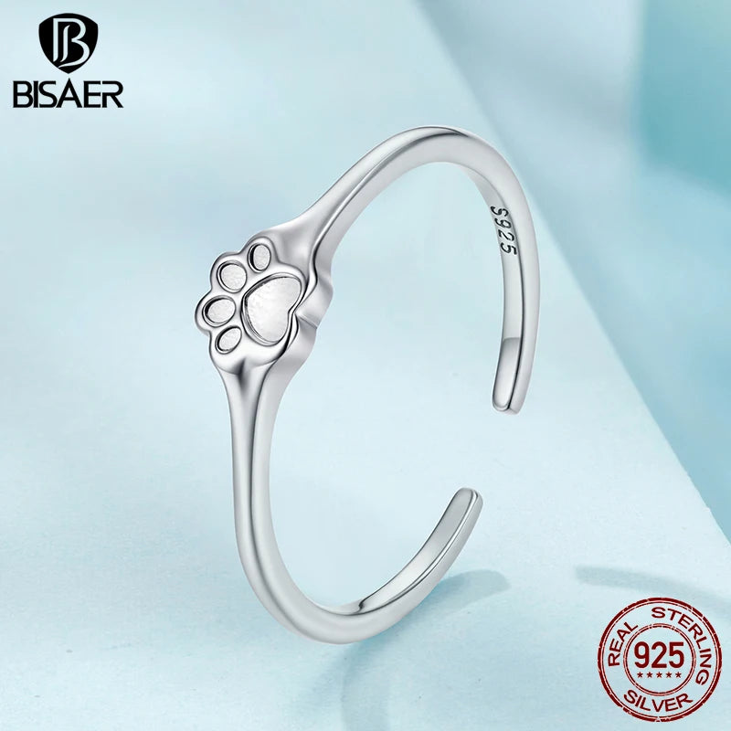 BISAER 925 Sterling Silver Cute Pet Paw Open Ring Adjustment Size 5-9 Band for Women Party Original Fine Jewelry ECR1125-E