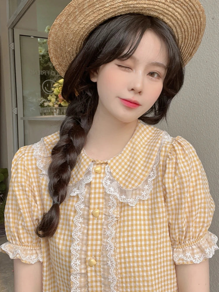 Sweet Lolita Style Plaid Blouses M-2XL Women Kawaii Lace Embroidery Ruffles Short Sleeve JK Shirts Girly Cute Y2k Blusas Mujer