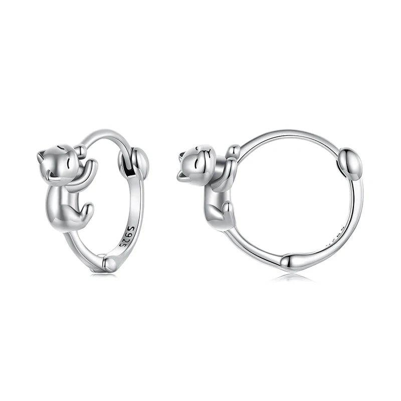 BAMOER 925 Sterling Silver Cute Cat Earrings, Small Animal Huggie Hoop Earrings Jewelry Gifts for women Teen Girls cat Lovers