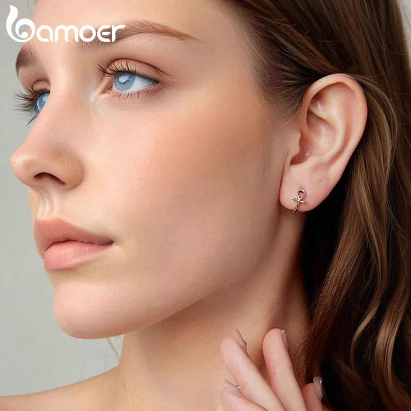 BAMOER 925 Sterling Silver Ankh Cross Huggies Hoop Earrings Original Viking Ear Cuffs for Women Religion Gift Guard Jewelry