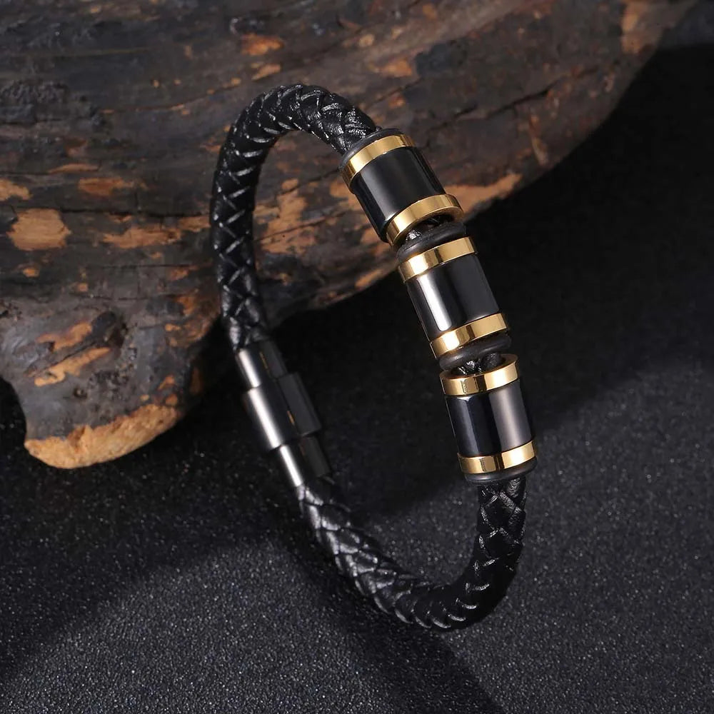 MKENDN Punk Beads Charm Men Bracelet Stainless Steel Magnetic Clasp Braided Leather Wrapping Bangles Man Jewelry Gift