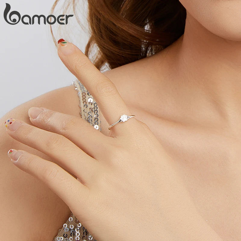 BAMOER Solid 925 Sterling Silver Pet Paw Open Band Ring for Women, Classic Minimalist Ring for Pet Lovers