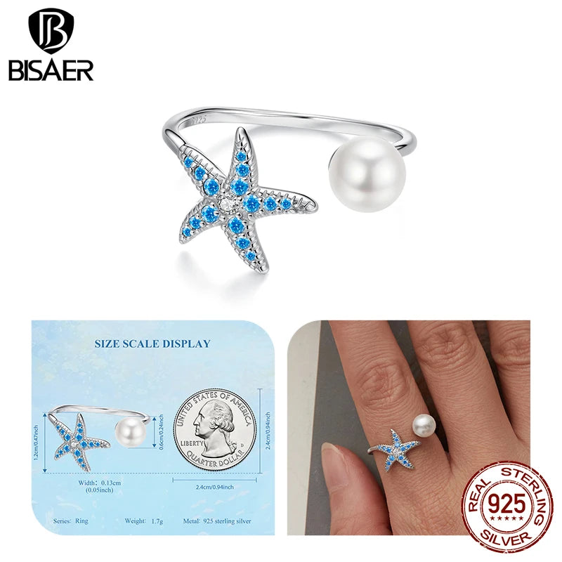 BISAER 925 Sterling Silver Ocean Animal Open Ring Starfish Pearl Conch Turtle Pearl Band for Women Party Jewelry Holiday Gift
