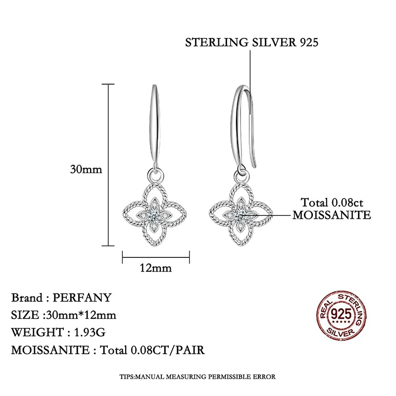 PERFANY 0.08CT Moissanite Clover Drop Earring Women S925 Pure Silver Laboratory Cultivate Diamond Fashion Wedding Jewelry ﻿ - Madeinsea©