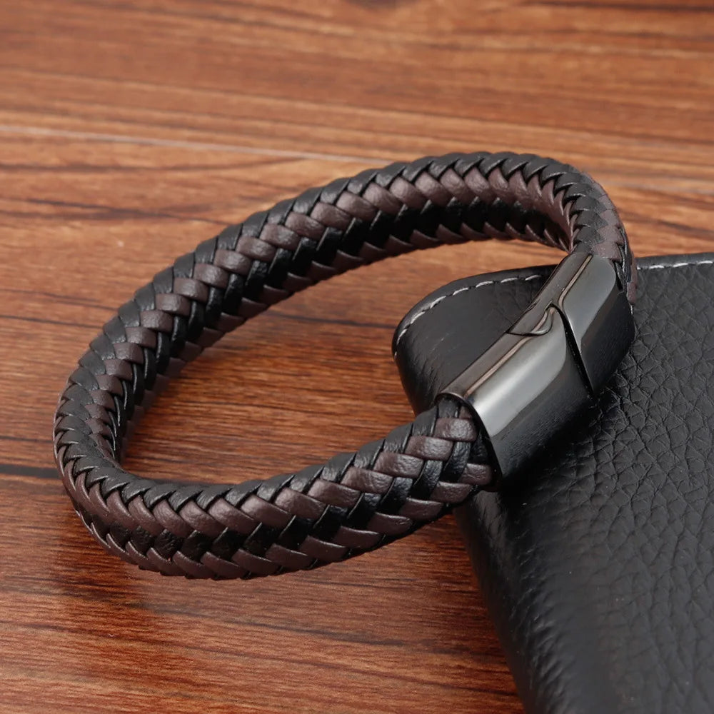 MKENDN Punk Men Braided Genuine Black Coffee Leather Bracelet Black Stainless Steel Magnetic Buckle Bracelet Gifts Homme Pulsera