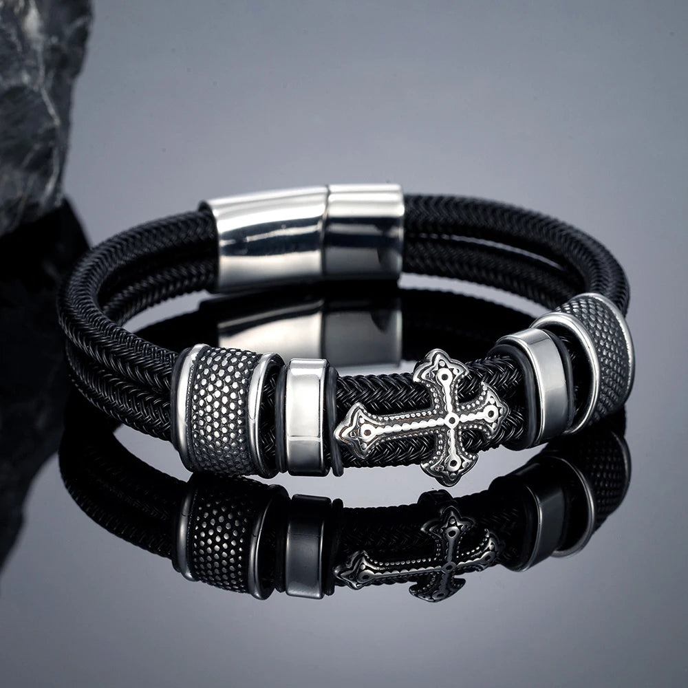 MKENDN Punk Rock Cross Double-layer Braid Steel Wore Rope Bracelet Classic Stainless Steel Bangles For Men Friend Gift
