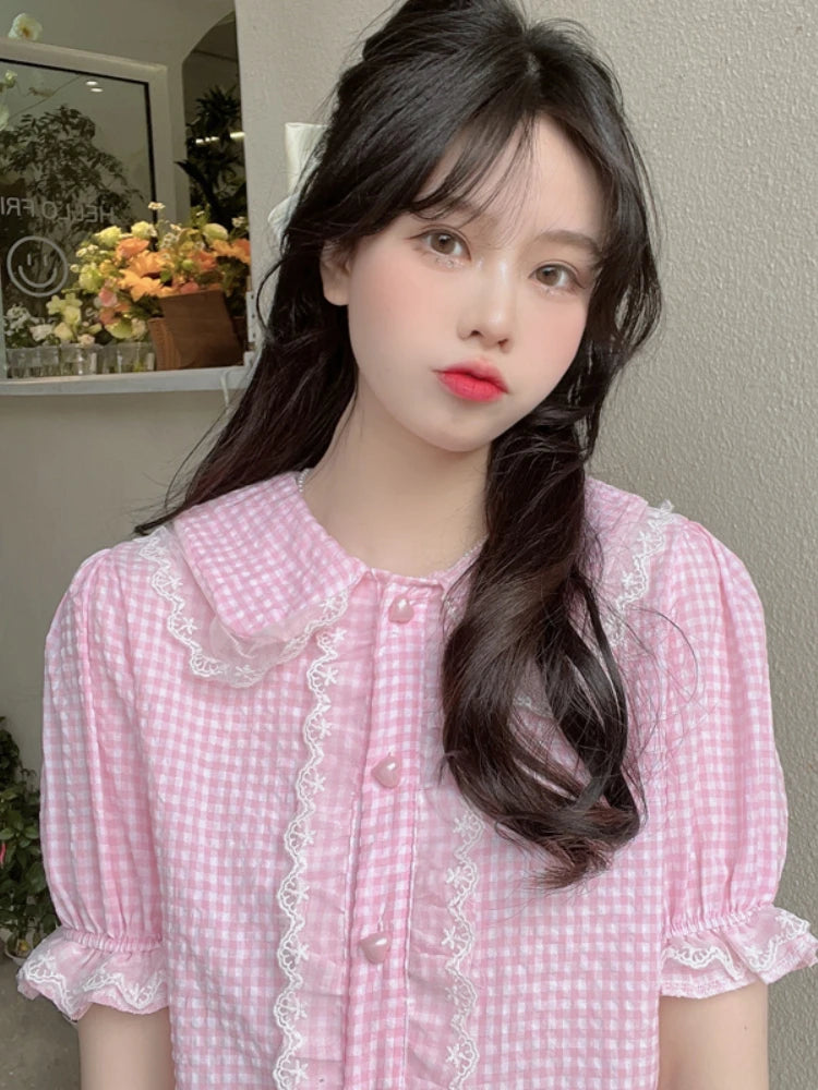 Sweet Lolita Style Plaid Blouses M-2XL Women Kawaii Lace Embroidery Ruffles Short Sleeve JK Shirts Girly Cute Y2k Blusas Mujer