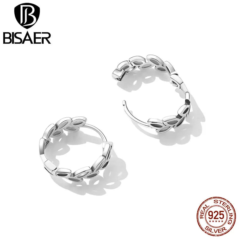 BISAER Boucles d'oreilles créoles simples en argent sterling 925 avec feuilles creuses pour femmes, bijoux fins originaux, cadeau de fête