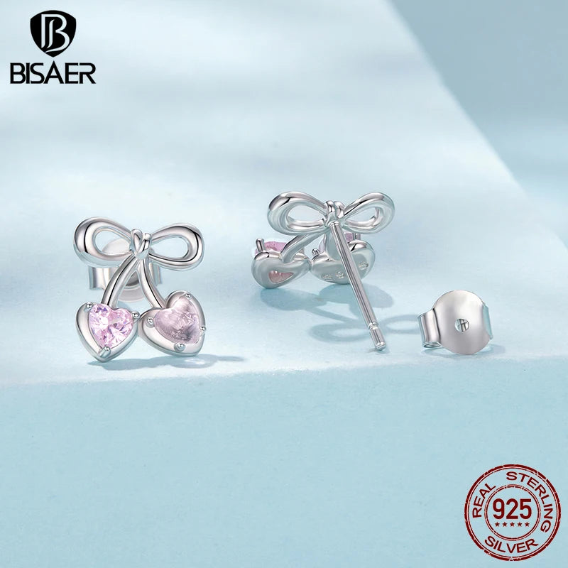 BISAER 925 Sterling Silver Pink Cherry Stud Earrings, Heart CZ Stud Ear for Romantic Women Girls Party Fine Jewelry ECE1952