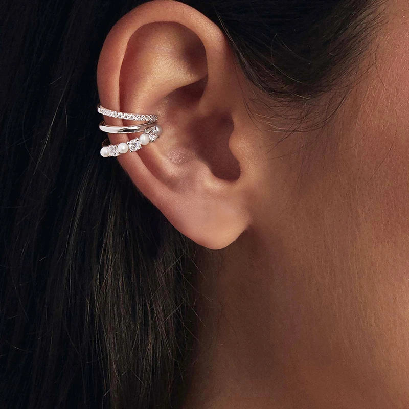 WOSTU Multi Layer Natural Pearl Moissanite Ear Cuff For Women, 925 Sterling Silver Lab Diamond Engagement Jewelry Birthday  Gift