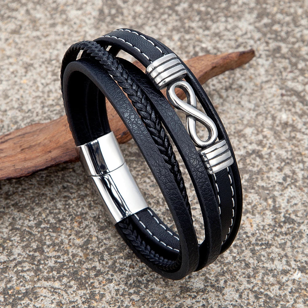 MKENDN Classic Men Square Knot Infinity Bracelet Woven Multilayer Braided Leather Bracelets For Women 316L Jewelry Gift