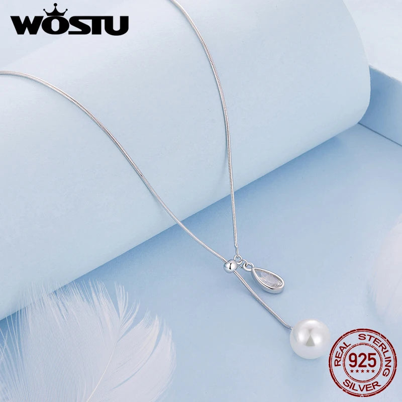 WOSTU 925 Sterling Silver Multi Layer Pearl Necklace For Women, Y-Shape CZ Pearl Pendant Elegant Valentine's Day Wedding Jewelry