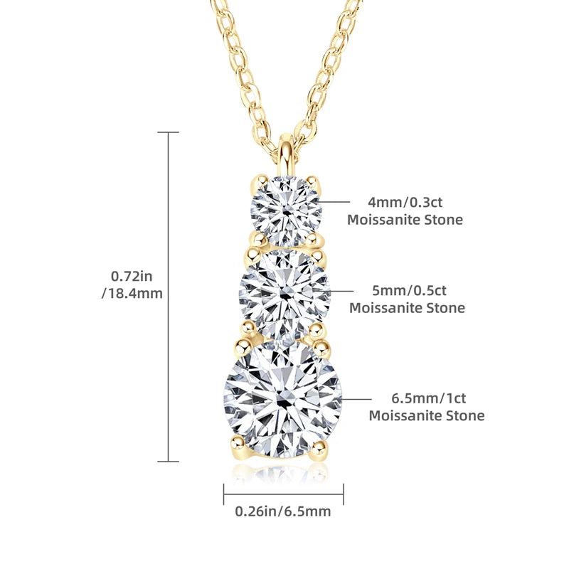 925 Sterling Silver 3 Stones 1.80Ct Real Moissanite Pendant Necklace Round Cut Clavicle Chain Necklace Exquisite Jewelry Gift
