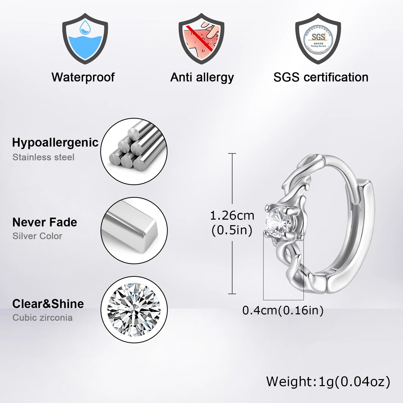 Vnox Thorn Shaped Hoop Earrings with Cubic Zirconia Stone,Men Women Stainless Steel Huggies Earrings,Small Luxury Ear Jewelry