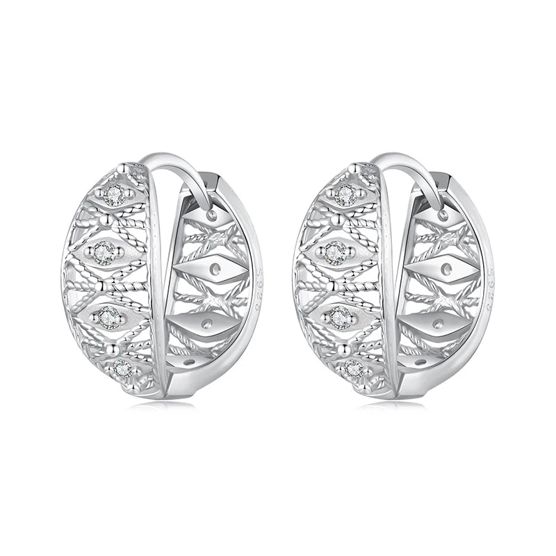 WOSTU Real 925 Sterling Silver Wedding Lace Hoop Earrings For Women Hollow Shiny Zircon Ear Buckles Engagement Party Gift