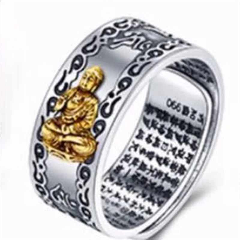 Vintage Silver Eight Guardian Buddha Ring for Men's Jewelry Lucky Twelve Zodiac Amulet Heart Sutra Ring Male Finger Accessories
