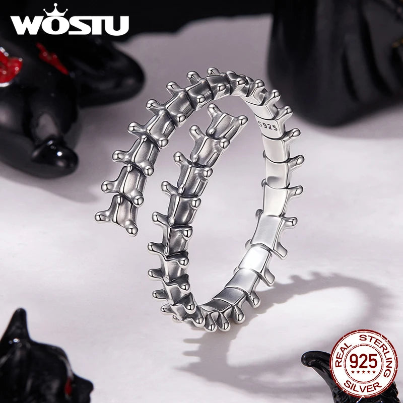 WOSTU 925 Sterling Silver Vintage 925 Sterling Silver VertebraeOpen Ring, Punk Spine Adjustable Rings Edgy Halloween Gift