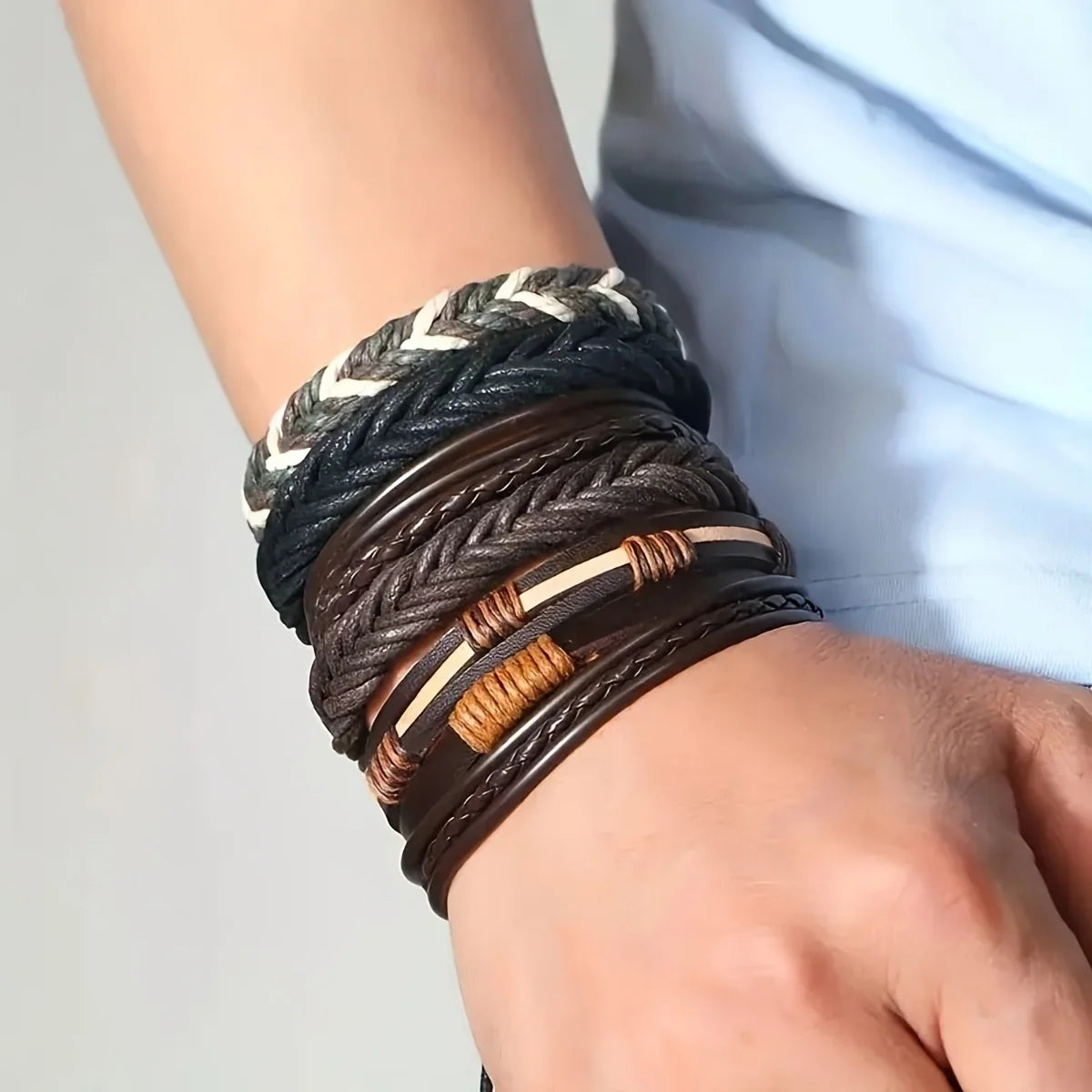 20Pcs Braided Leather Bracelets for Men Women Wrap Wood Beads Cuff Bracelet Hemp Cords Ethnic Tribal Handmade Wrap Wristband Bra