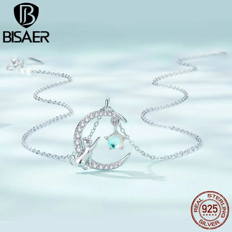 BISAER Genuine 925 Sterling Silver Cute Cat Moon Jewelry Set Animal Pendant Necklaces &Ring Original Jewelry Women Romantic Gift