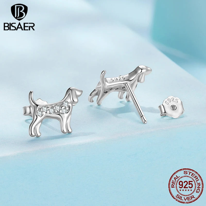 BISAER 925 Sterling Silver Golden Retriever Stud Earrings Pet Dog Earrings Pavé Setting Zircon Plated White Gold Women Jewelry