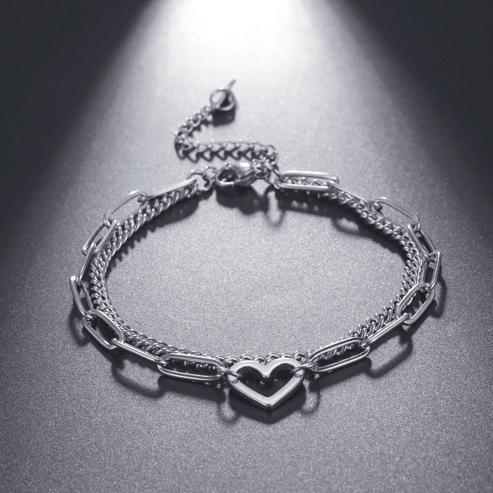 Heart Pendant Bracelet Paper Clip Chain Bracelet Stainless Steel Double Chain Bracelet for Women Couple Jewelry for Party Gift