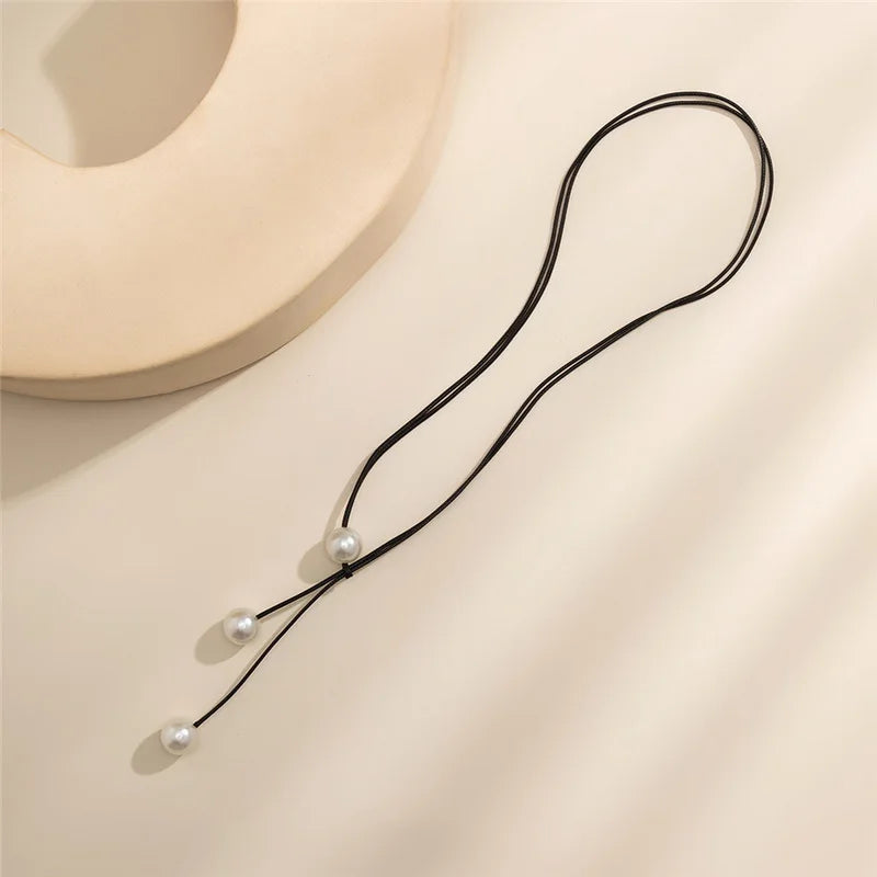 Simple Imitation Pearl Necklace For Women Punk Gothic Black Leather Cord Wax Rope Chain Choker Female Minimalist Charm Jewelry