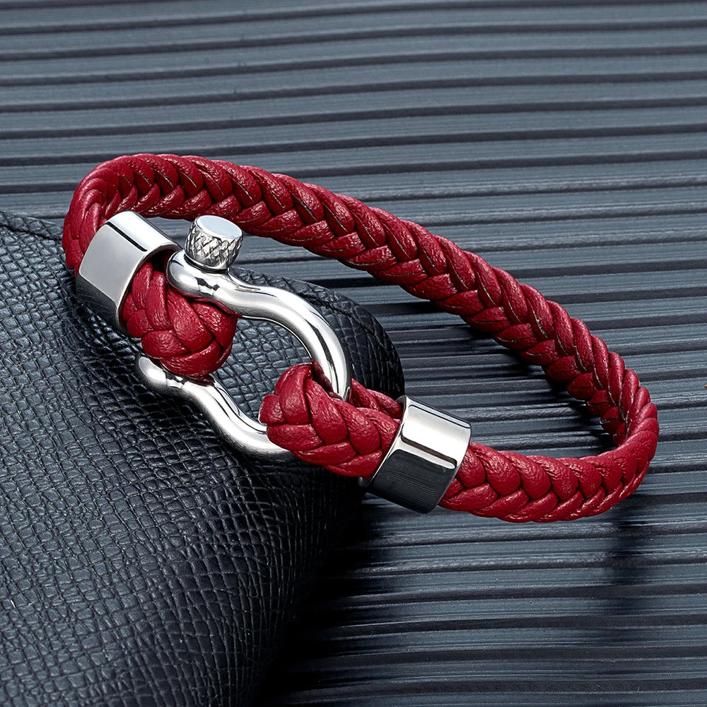 MKENDN Luxury Nautical Shackle Woven Leather Bracelet With Horseshoes Buckle Gift for Him Minimalistic Jewelry