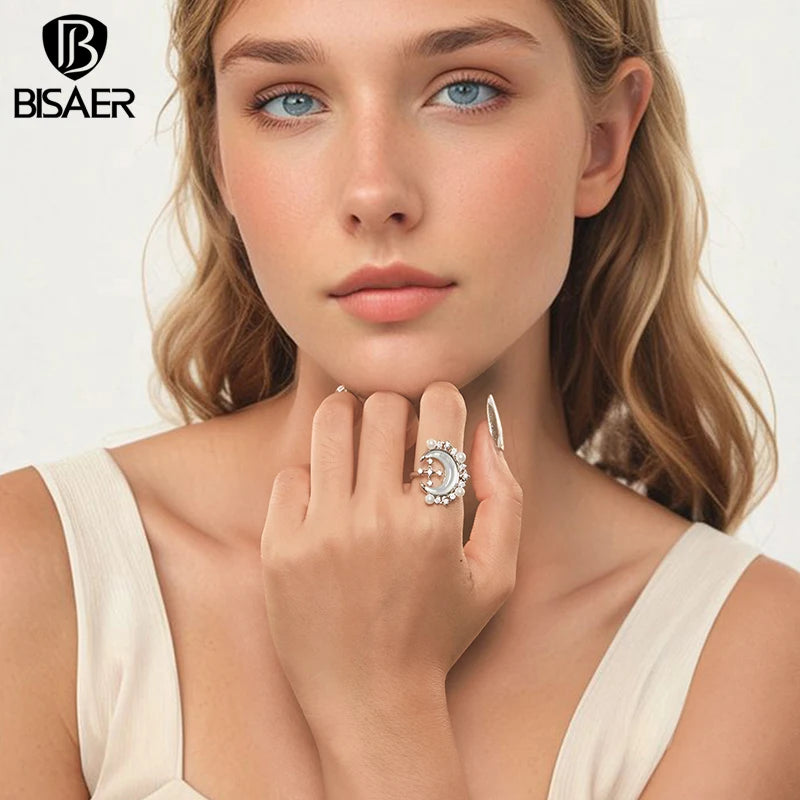 BISAER Bague ouverte en forme de croissant de lune et d'étoiles, taille réglable 5-9, pour mariage, fiançailles, bijoux tendance, cadeau pour femme, YIR243