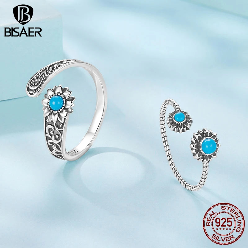 BISAER Solid 925 Sterling Silver Sunflower Turquoise Open Ring Vintage Blooming Flower Band for Women Party Fine Jewelry Gift