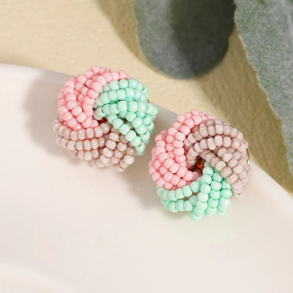 AENSOA Candy Color Seed Beaded Knot Stud Earrings for Women Girls Tricolor Handmade Braided Round Earrings Summer Beach Jewelry