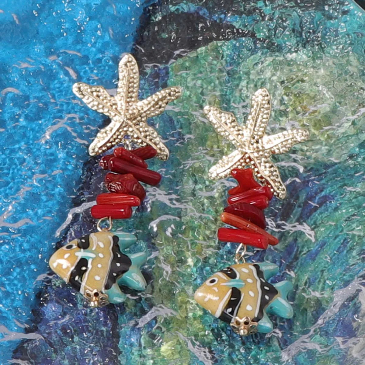2025 New Alloy Sea Star Conch Colored Fish Long Earrings