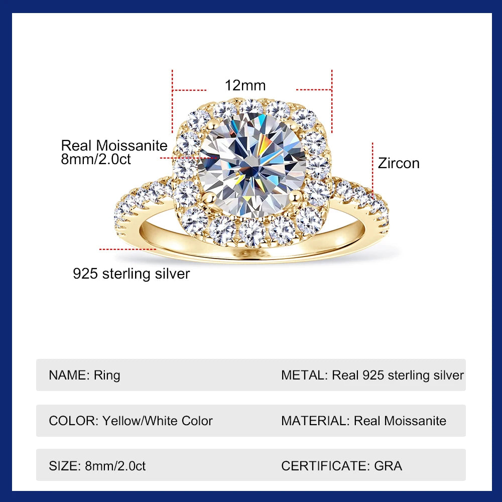 2CT GRA Certified Moissanite Ring for Women 8MM Brilliant Diamond Wedding Finger Rings 925 Sterling Silver Band Plated 18K Gold