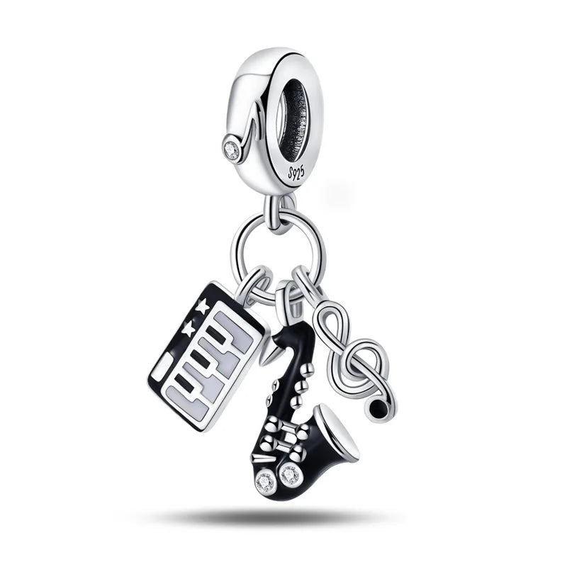 Romantic Music Charms Beads 925 Sterling Silver Piano Violin Red Guitar Punk Saxophone Pendants Fit Qikaola Bracelet DIY Jewelry