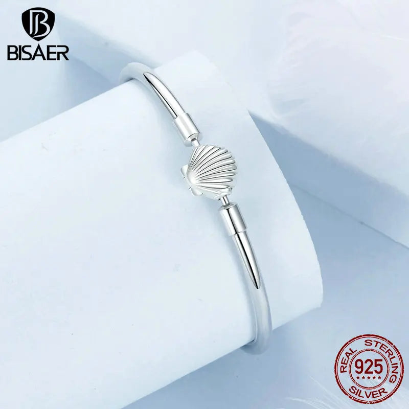 BISAER 925 Sterling Silver Sea-Shell Basic Bracelet Shell Buckle Bangle Plated White Gold for Women Charm Bead DIY Fine Jewelry